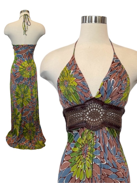 Sky Dresses & Skirts - SKY NWT 100% Silk Green Brown Crochet Belt Keyhole Halter Maxi Gown Slip Dress